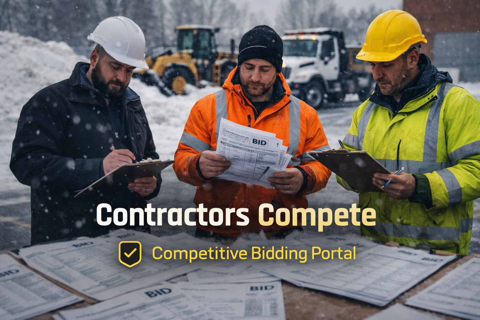 Contractors reviewing competitive bids on snowy job site