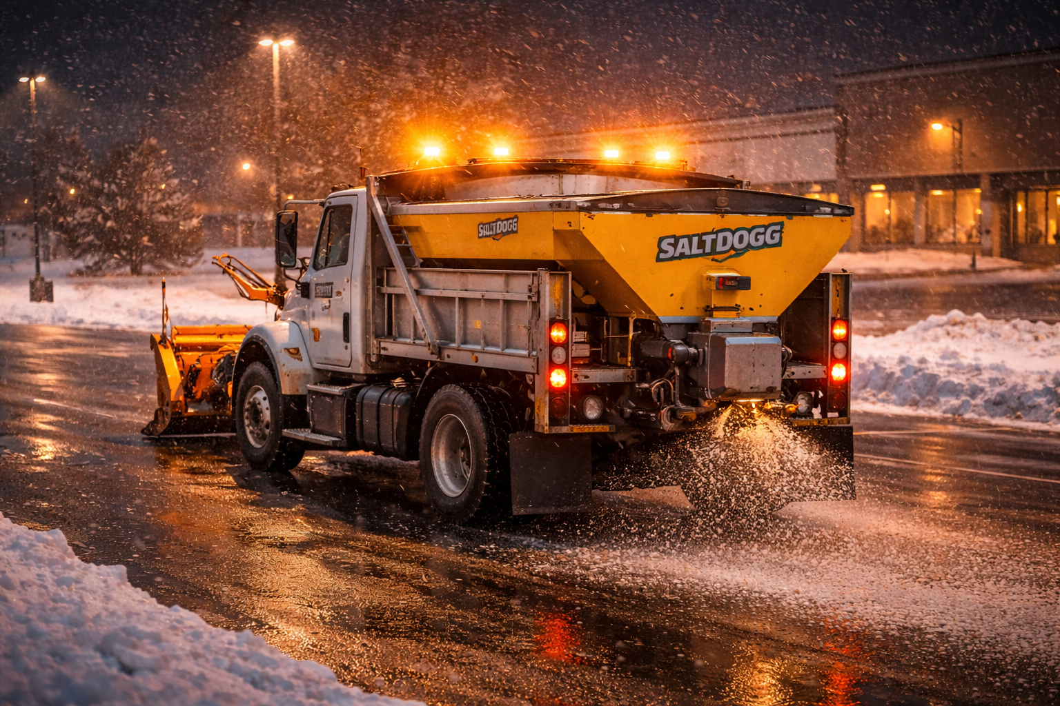 Salt truck spreading during nighttime snowfall